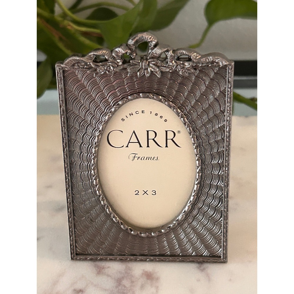 Carr Frames Silver Tone Metal 2x3 Oval Picture Frame Victorian Bow Floral Crest